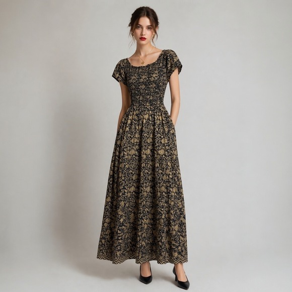 Free People Dresses & Skirts - Free People Ultraviolet Maxi Dress L Black Brown Floral Smocked  Boho Whimsigoth